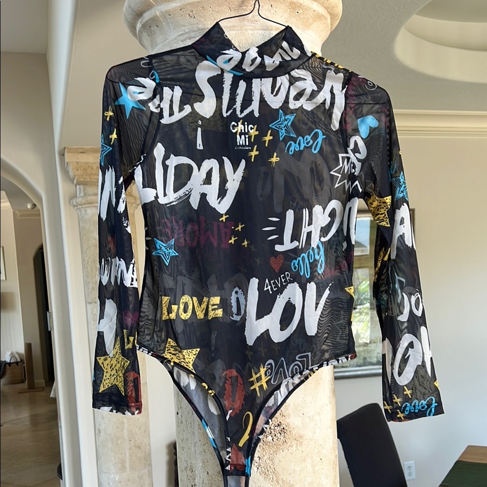 NWT Graphic Long Sleeve Bodysuit Size Large Black with colored print stretchy